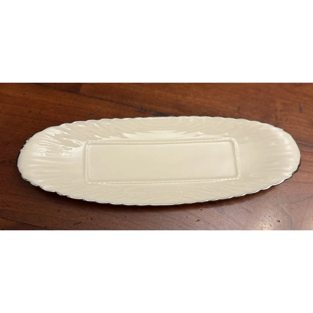 Vintage Lenox Ivory‎ Bone China Open Butter Dish Tray Platinum Trim 9